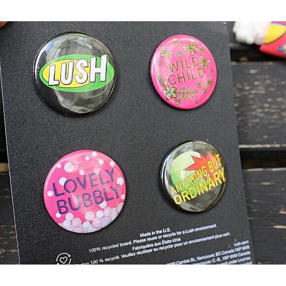 LUSH Cosmetics - 4 Statement Pins + 2 Knot Wraps + 2 Empty Boxes for Storage - Picture 1 of 6